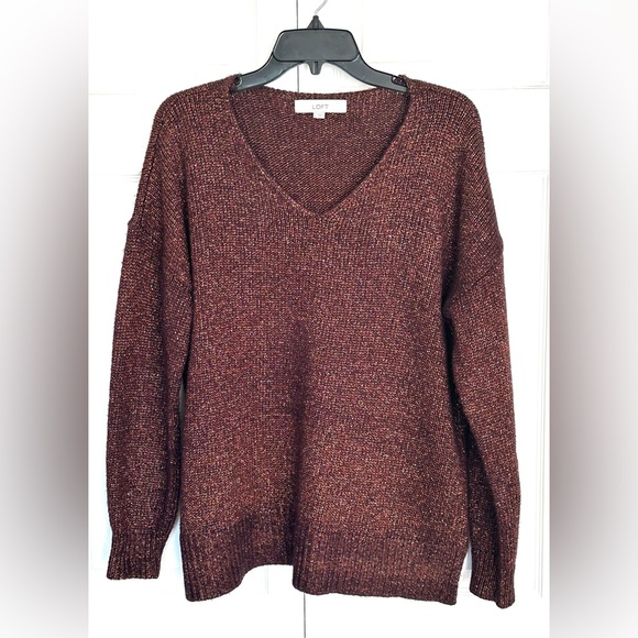 LOFT Sparkling Copper Gold Metallic V Neck Cozy Sweater-Size Large - Picture 3 of 8